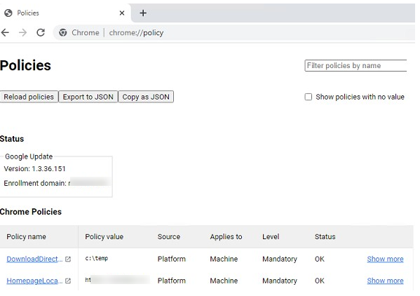 Chrome://policy - view browser summary settings