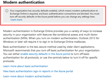 Your organization has security defaults enabled, which means modern authentication to ?Exchange Online? is required, and basic authentication connections are blocked